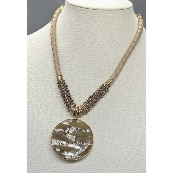 CHICO'S Pendant Necklace Circle Brown Gold Tone Silver Tone Metallic Tan Braided - Picture 3 of 9